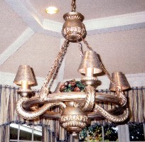 Hand painted fruit, gold and silver chandelier and shades and glaze overall