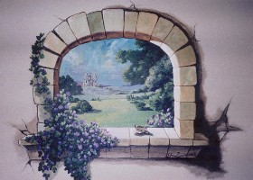 6' X 4' fairytale castle and countryside view through stone window